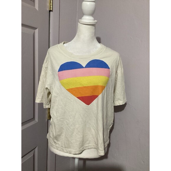 Sundry Cream Short Sleeve T-shirt Blouse Rainbow Heart Size 0 XS - Picture 1 of 5